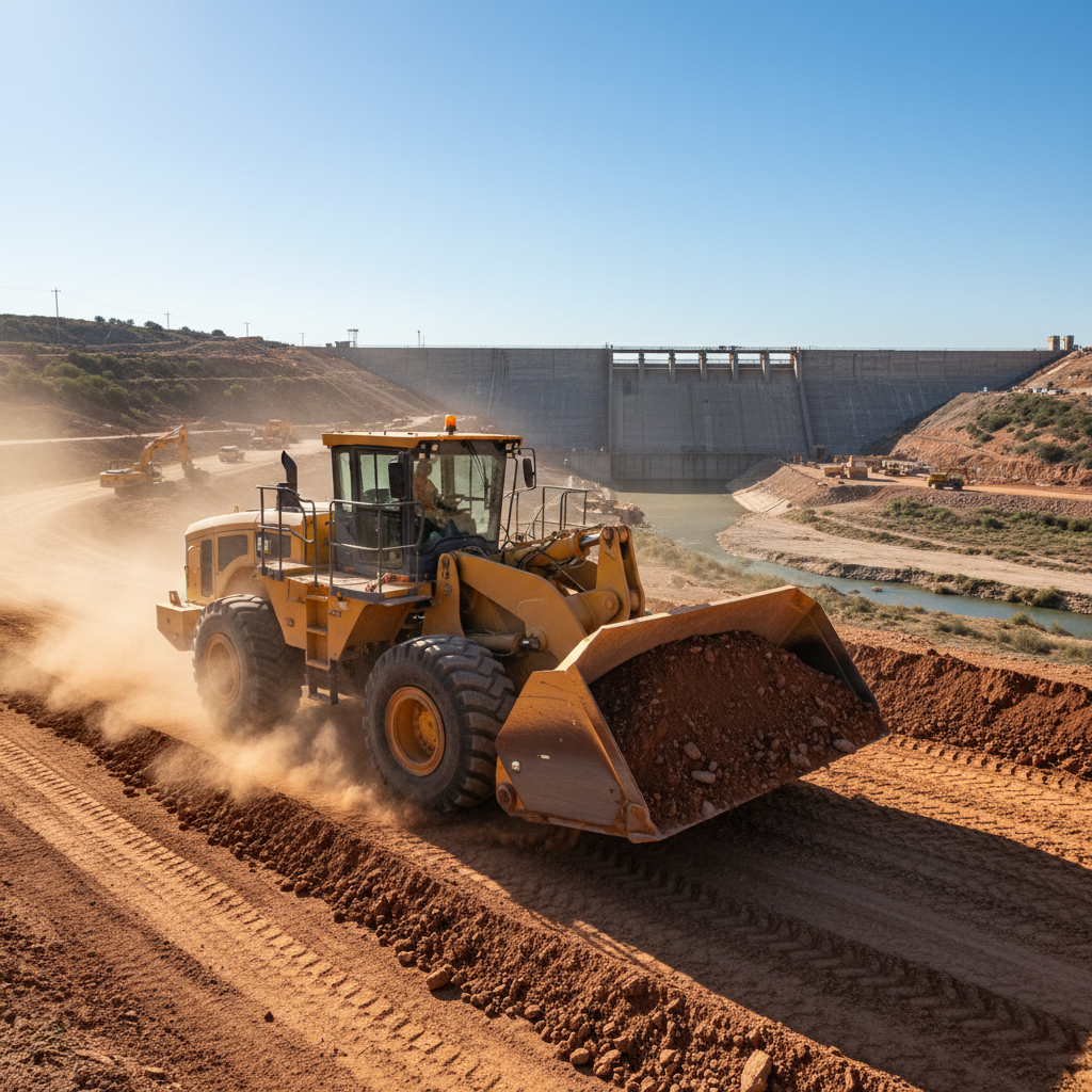 Large yellow wheel loader moving earth on construction site, clear sky background