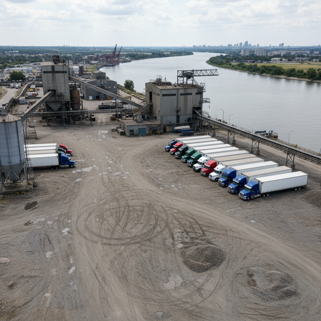 Riverside industrial yard with gravel surface suitable for semi-truck parking