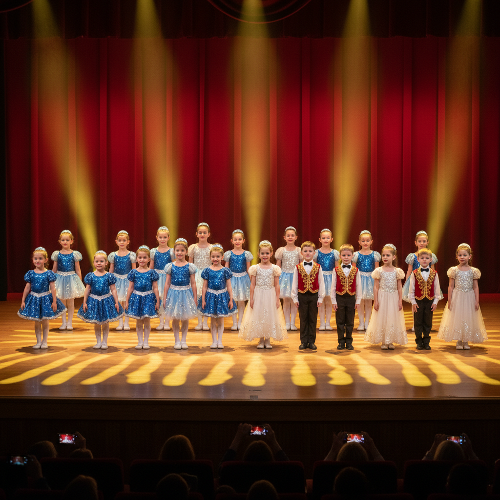 Kids at recital on stage under golden lights beaming with pride