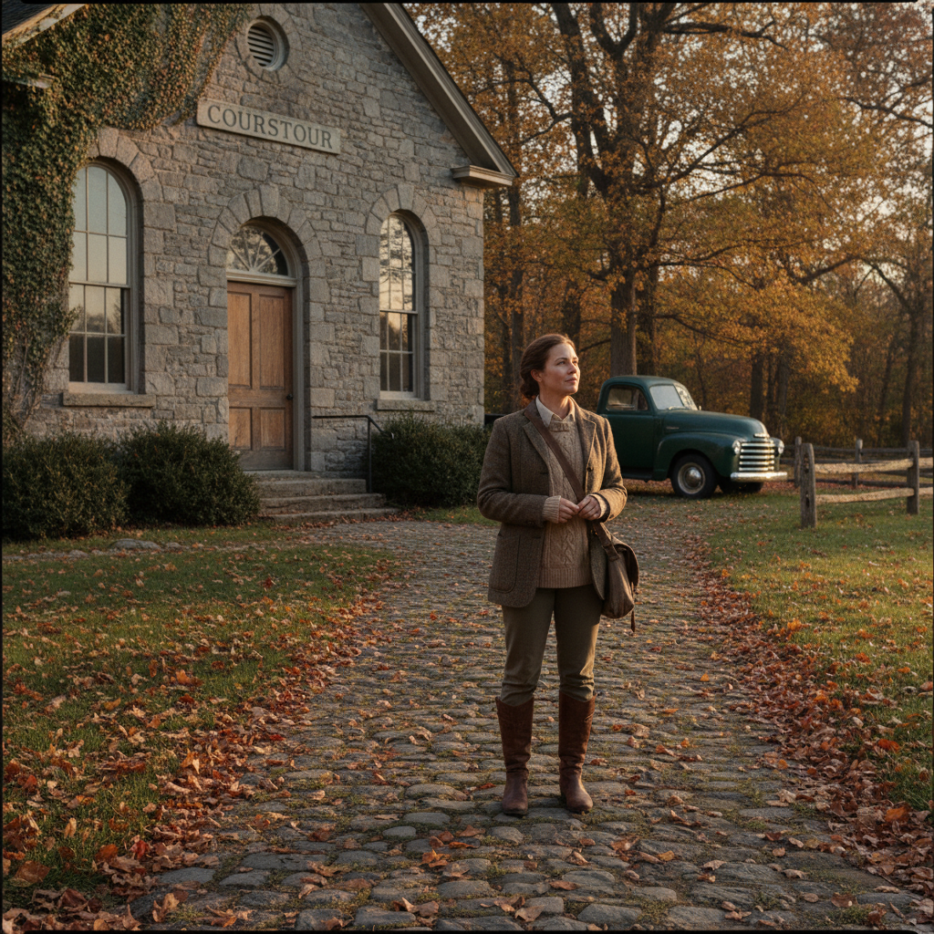 Rural practitioner outside small courthouse, autumn light