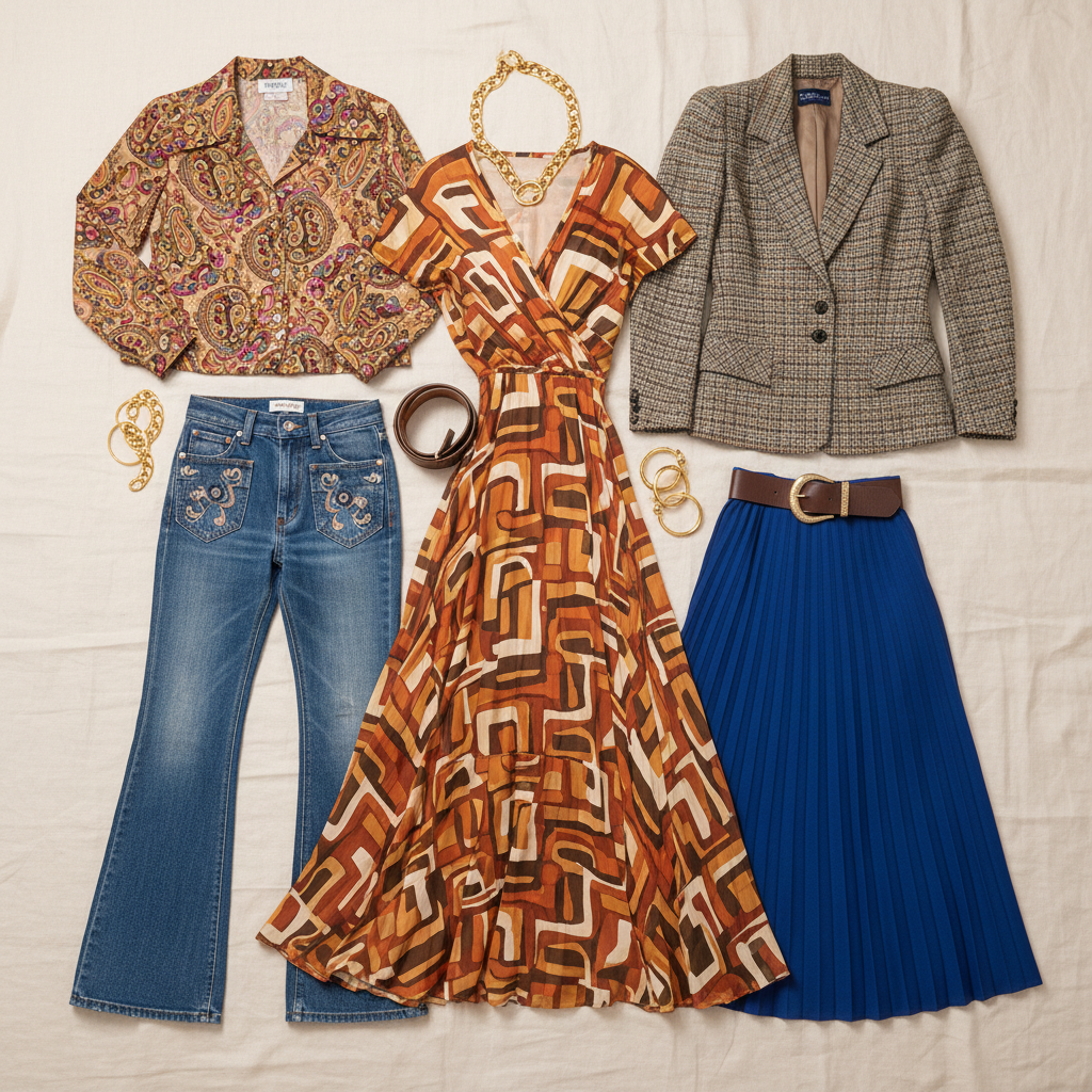 Vintage 1970s inspired clothing flat lay with earth tones and retro patterns