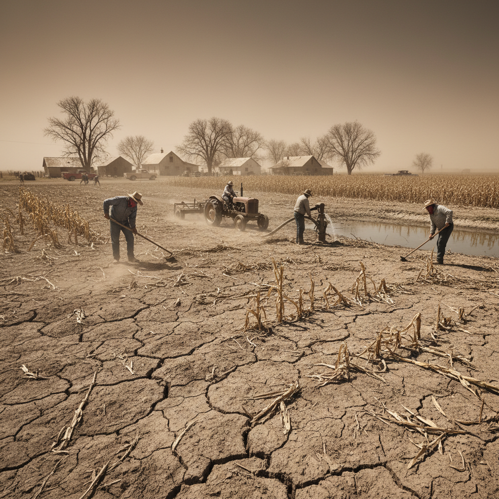 Farmer inspecting diseased crop leaves on a small farm in an arid region