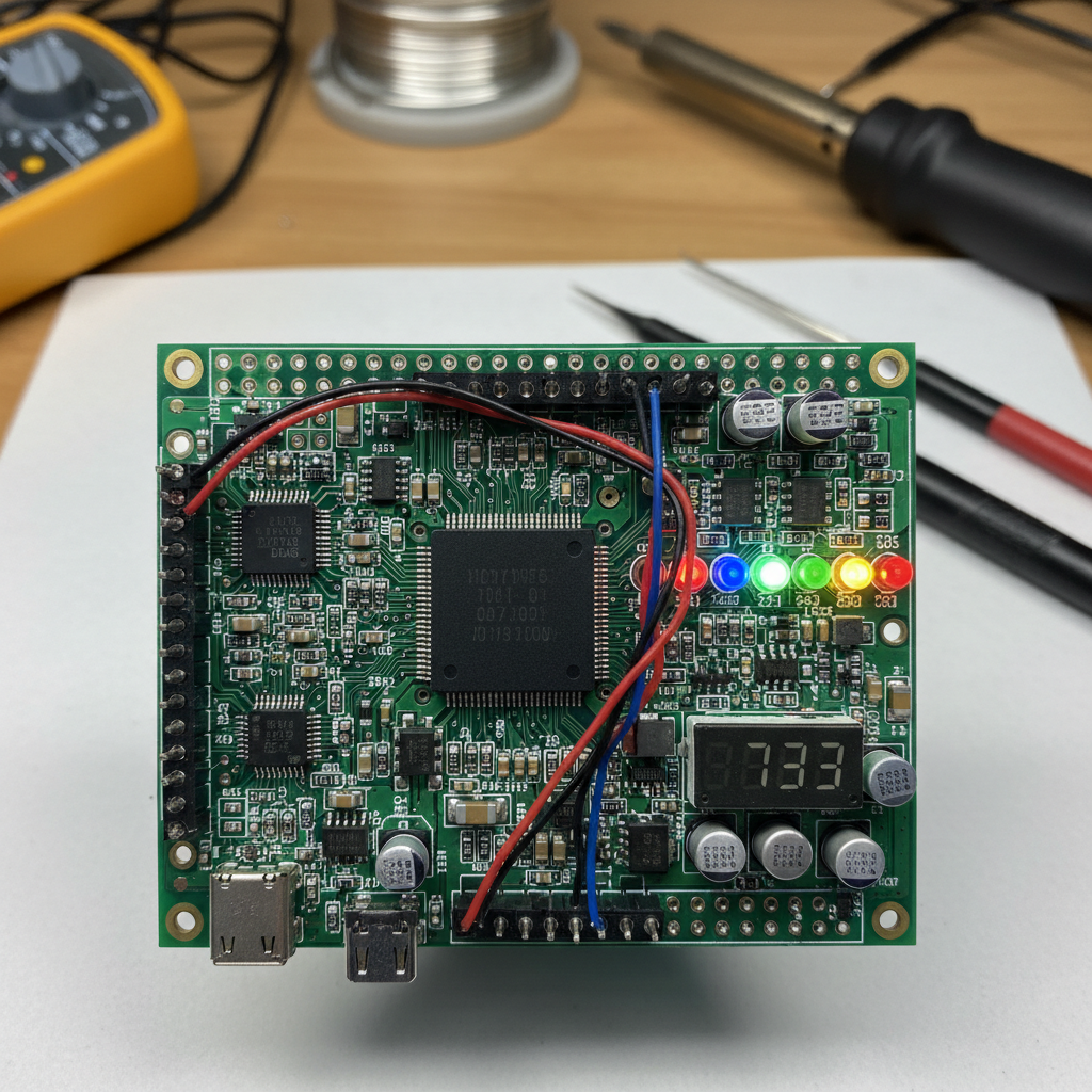 Close-up of circuit board with microcontroller and LED indicators, representing embedded systems hardware work
