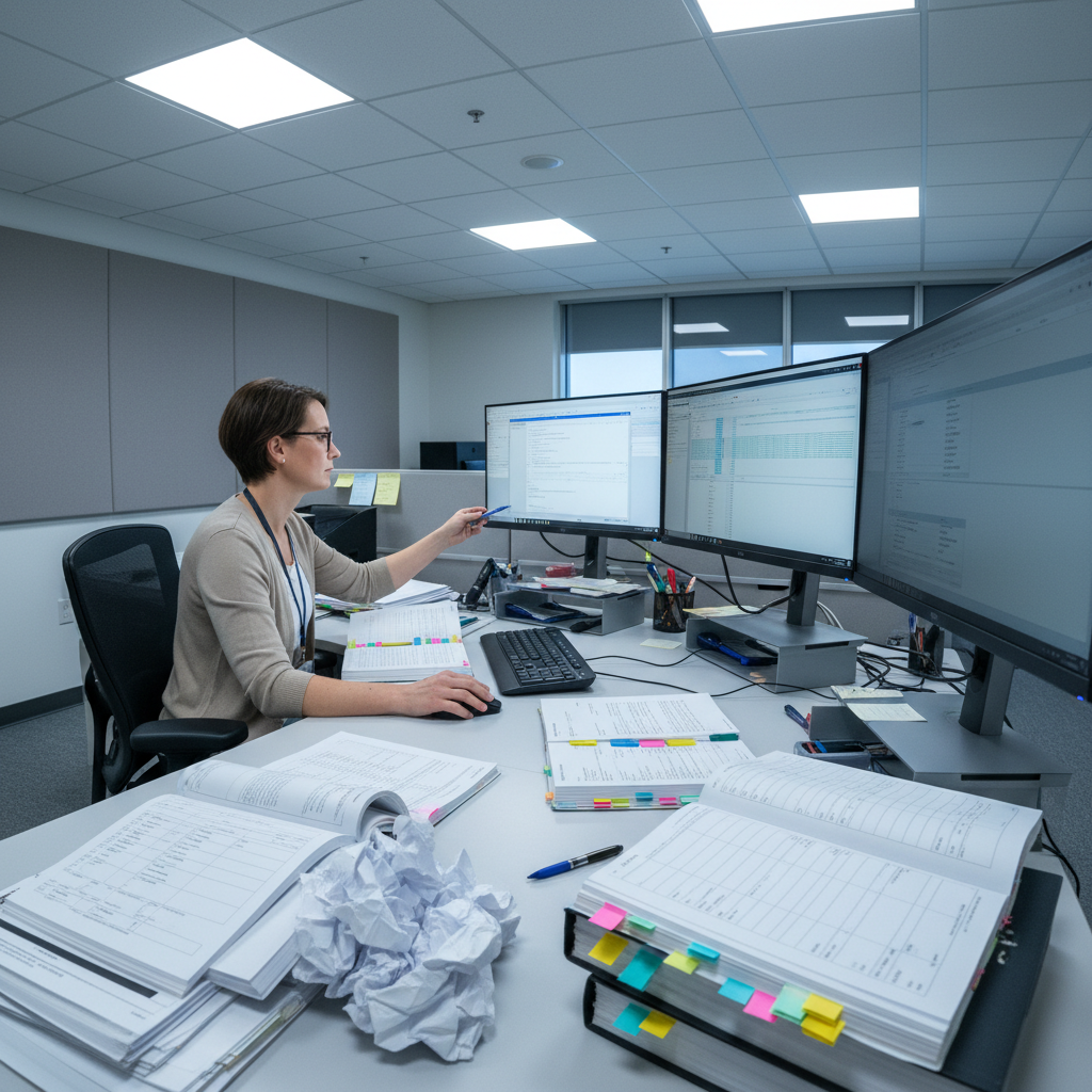 Certified medical coder reviewing patient records and coding manuals at workstation with dual monitors