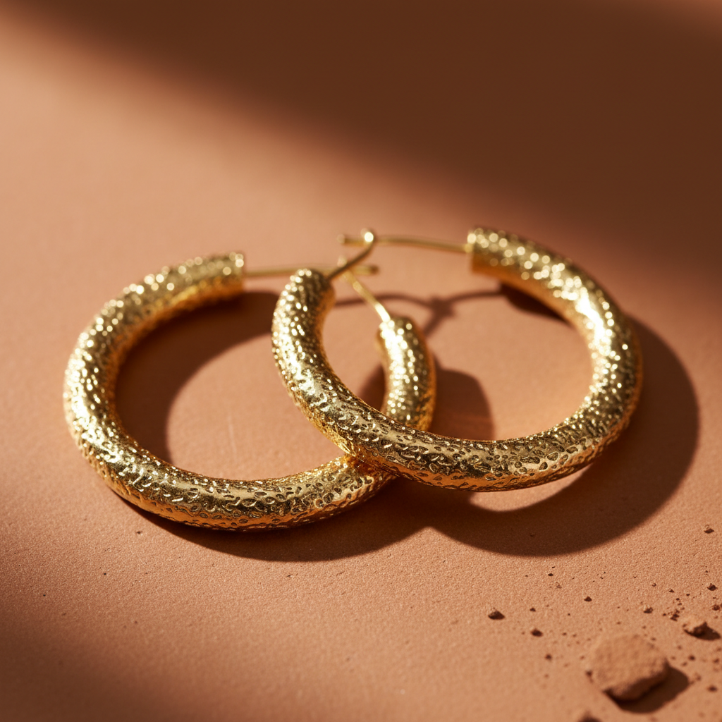Warm terracotta and gold-flecked resin hoop earrings on a sandy terracotta tile background, natural Indian sunlight