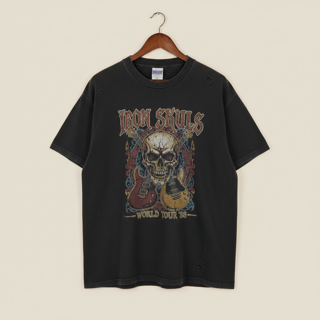 Faded black vintage concert t-shirt hanging on a wooden hanger