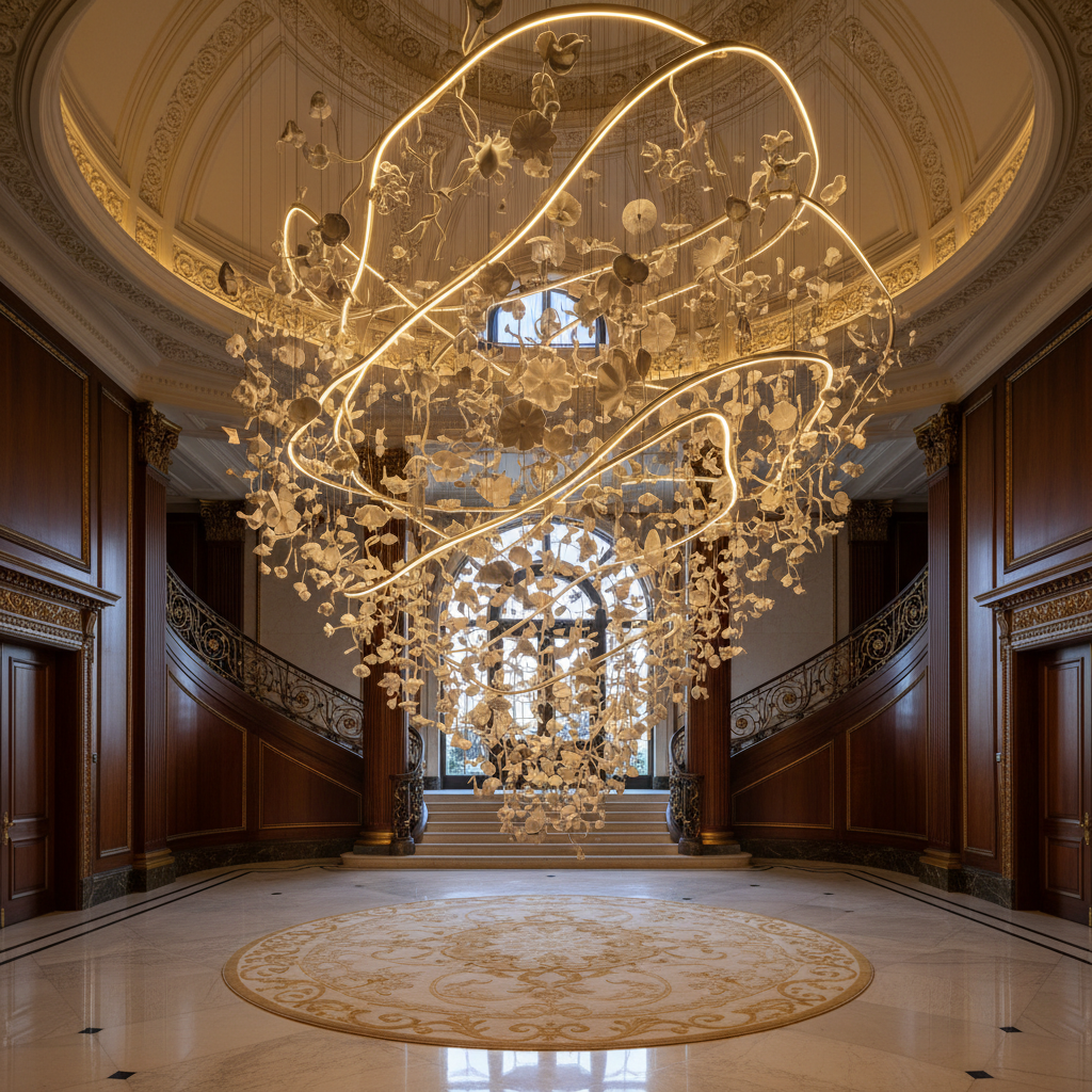Chandelier de cristal con iluminación cálida en salón de eventos de lujo