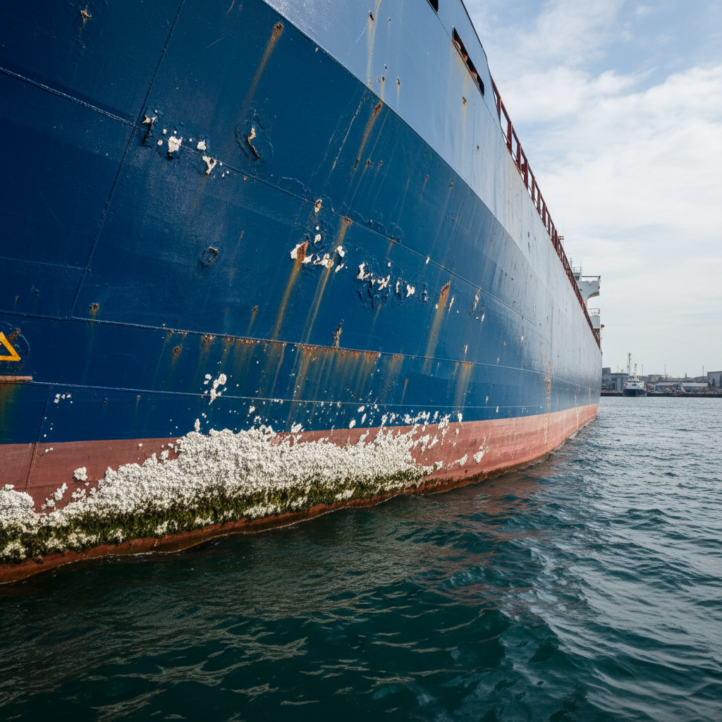 Ship hull in dry dock showing corrosion protection coating application