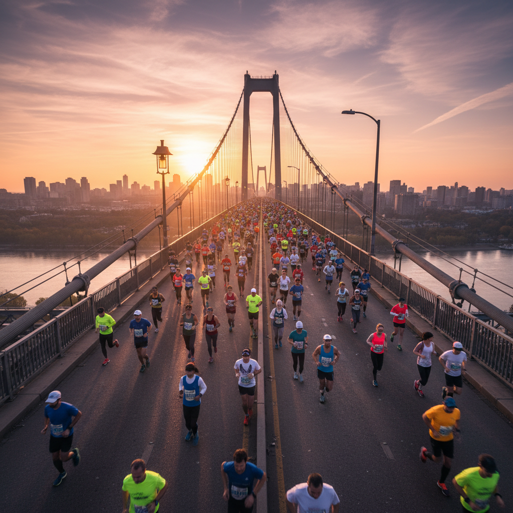 Marathon runners on a city bridge at sunrise, golden light