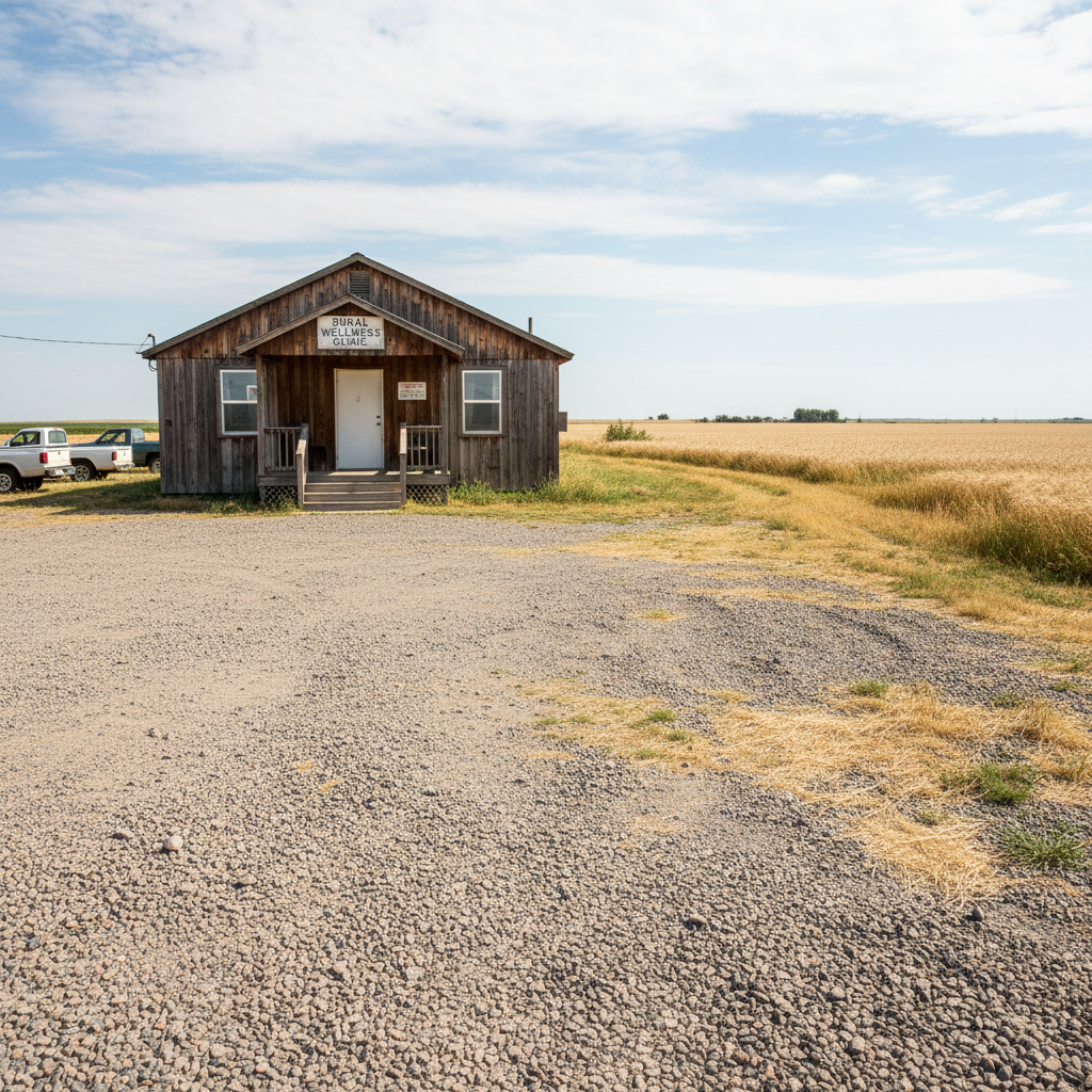 Rural health clinic exterior with porch and gravel parking lot surrounded by wheat fields