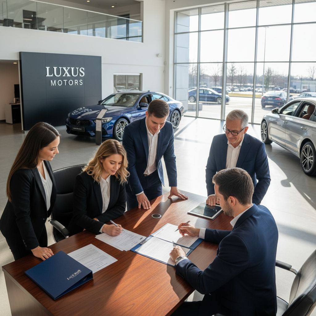 Young person signing car purchase documents at dealership desk, smiling, bright office