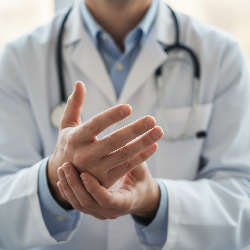 Physician's hands mid-gesture during a clinical conversation, stethoscope draped soft-focus in background