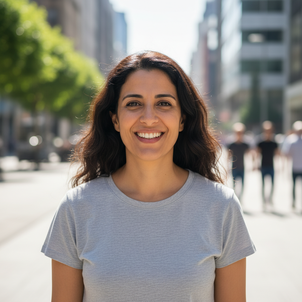 Algerian woman with warm smile, lifestyle creator in casual setting