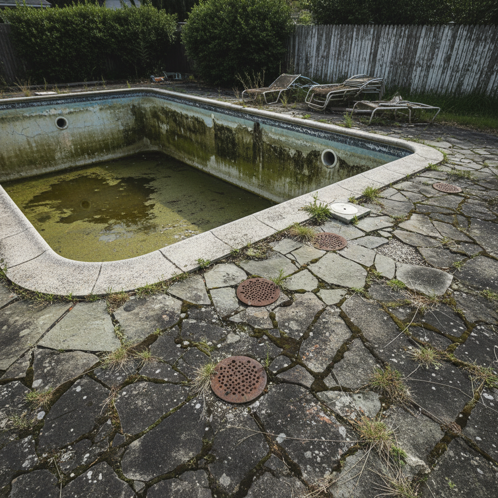 Before: Algae-stained flagstone, crumbling bullnose edge, rusted drain grates, faded pool surround