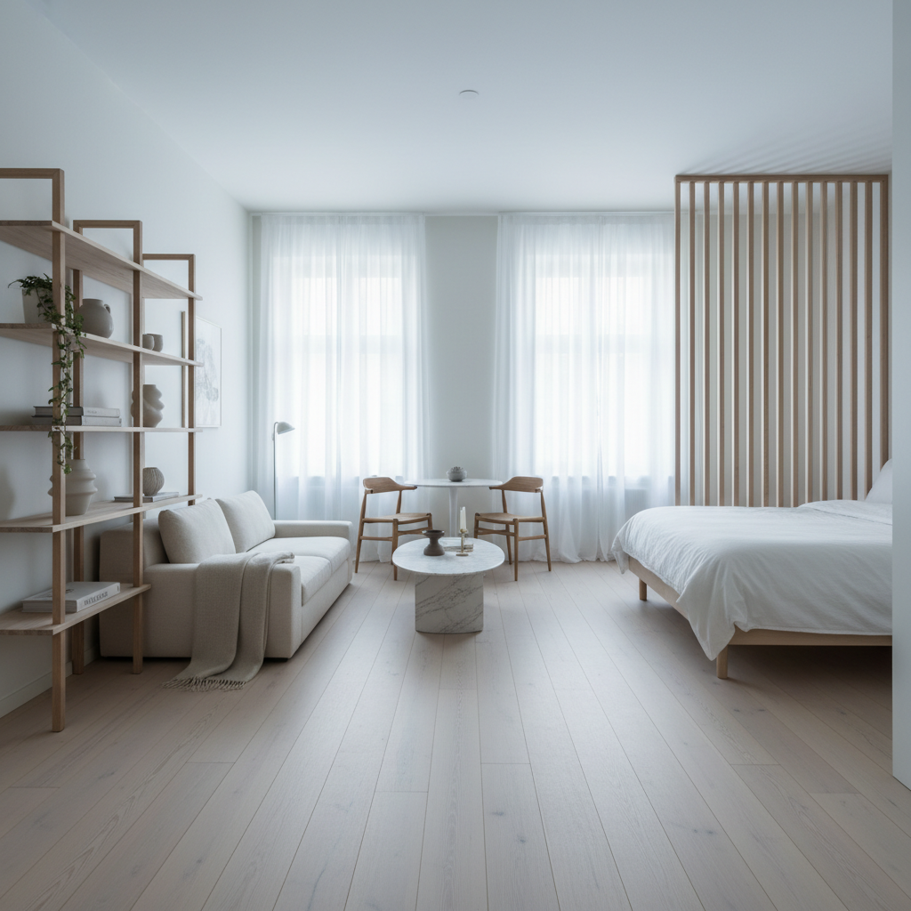 Same Oslo apartment transformed with white oak floors, high ceilings revealed, and warm Nordic lighting after renovation