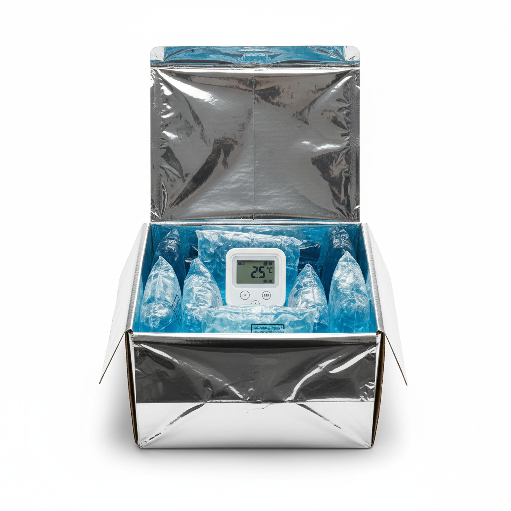 Insulated film shipping box with gel packs and temperature logger inside, packed for cold chain delivery