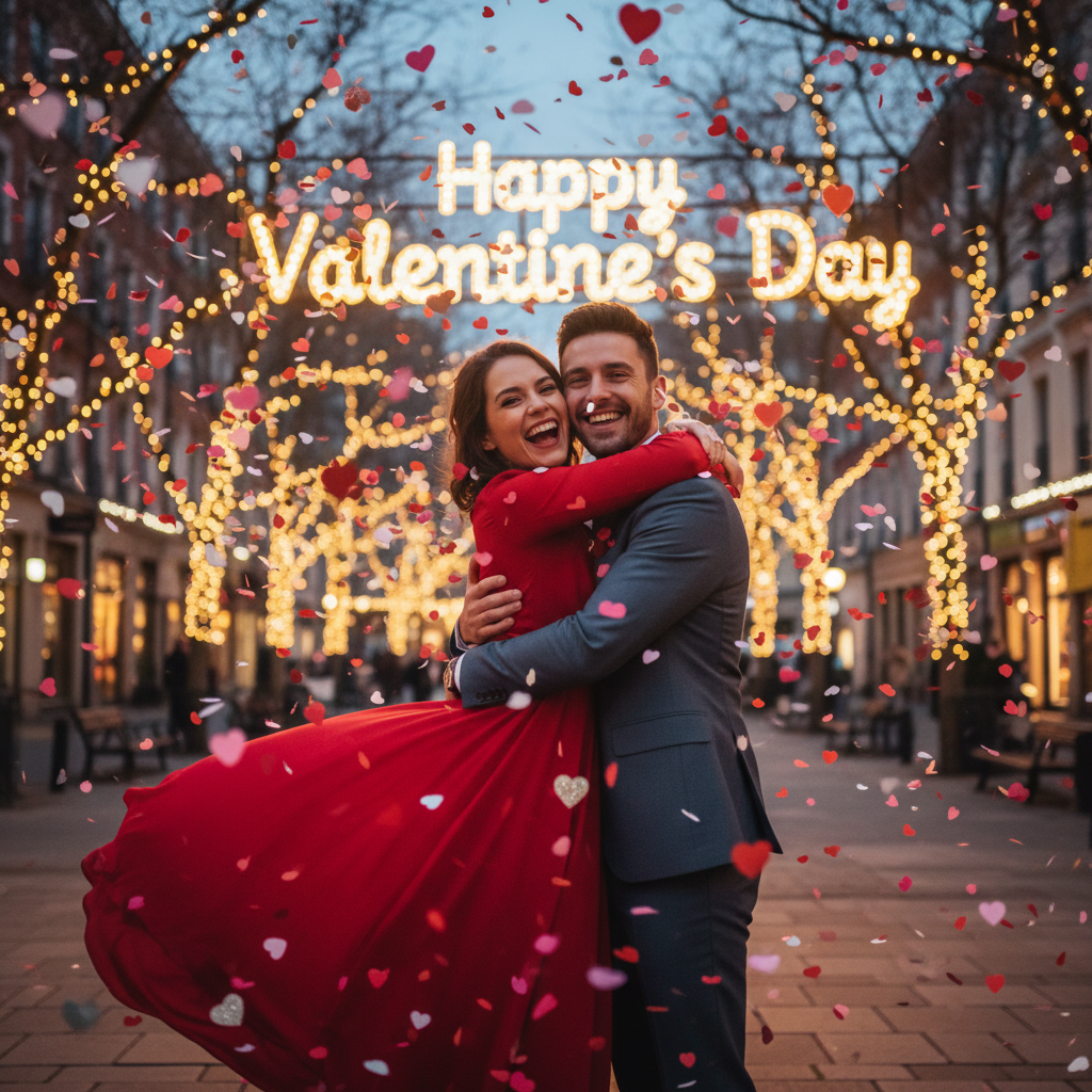 Valentine social carousel sample with romantic couple and confetti hearts