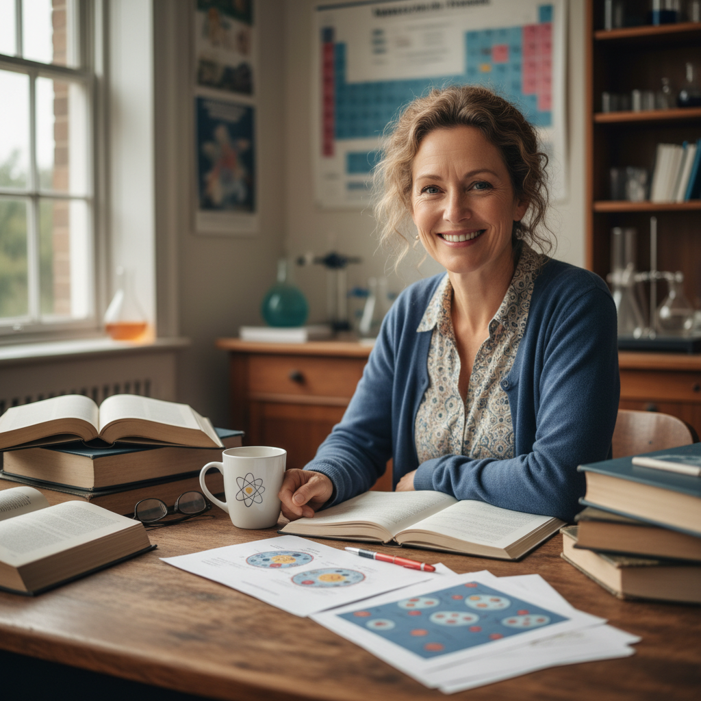 Denise Okafor, a middle school science teacher, smiling at a wooden desk with papers and a mug of tea