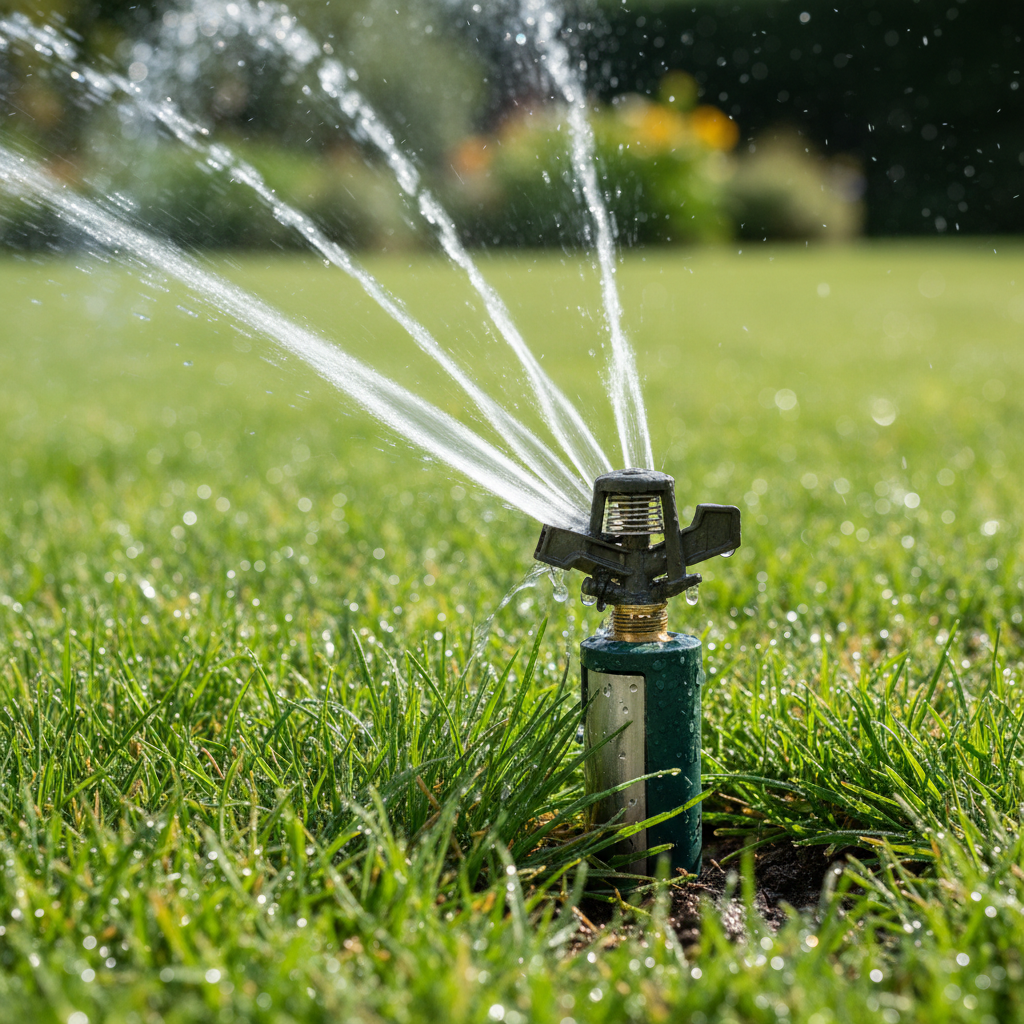 Hunter PGP rotary sprinkler head on green lawn, bright outdoor daylight