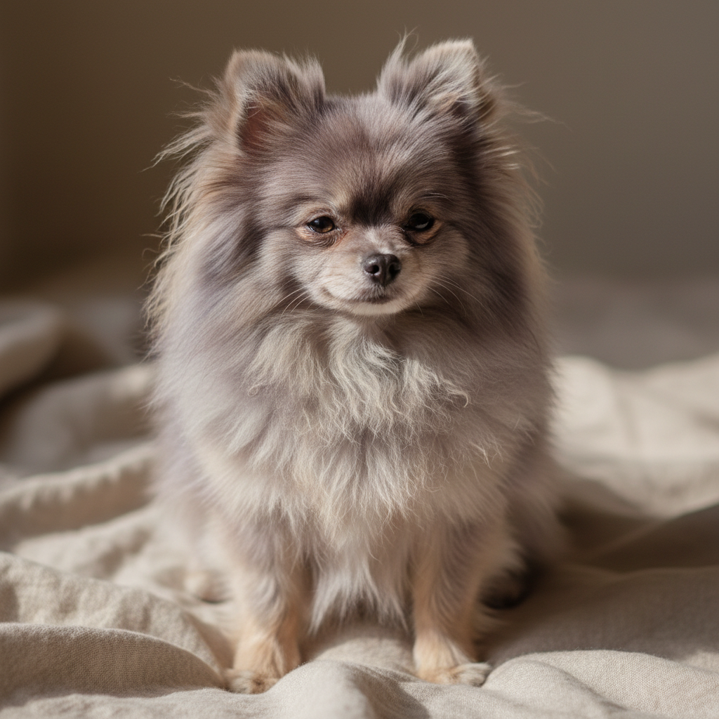 Rosehip, lavender sable Pomeranian female, soft muted coat, sitting quietly on linen