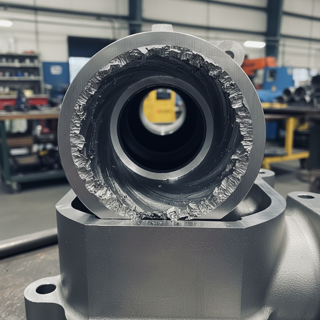 Cross-section of stainless steel manifold internal bore showing rough machined surface before AFM treatment