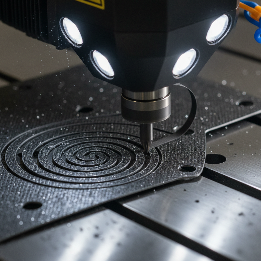 CNC cutting head tracing a spiral gasket pattern from a sheet of graphite-reinforced aramid, close-up industrial shot