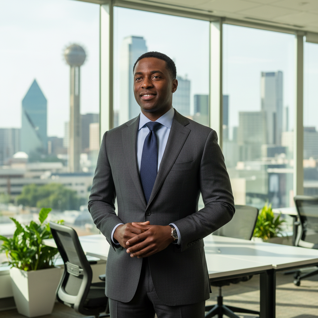 Black man with professional attire, confident expression, urban office background