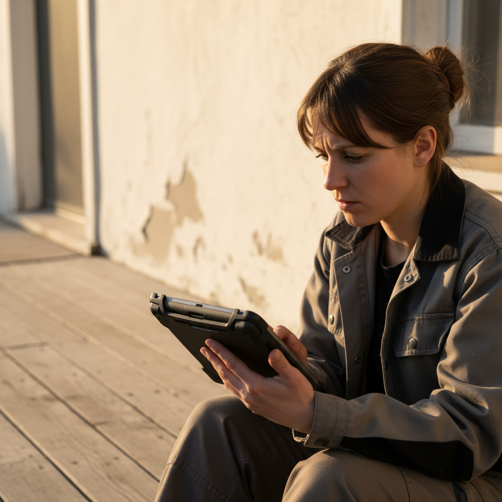Female technician reviewing an inspection tablet on a sun-bleached porch with stucco wall behind her