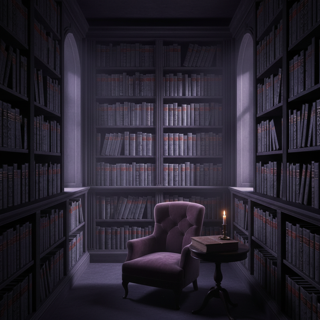 Dark philosophy section with deep plum-shadowed shelves, cloth-bound volumes with gold lettering on spines