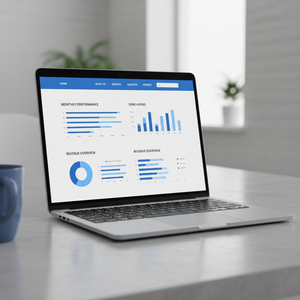 Corporate website homepage with clean modern design and business analytics