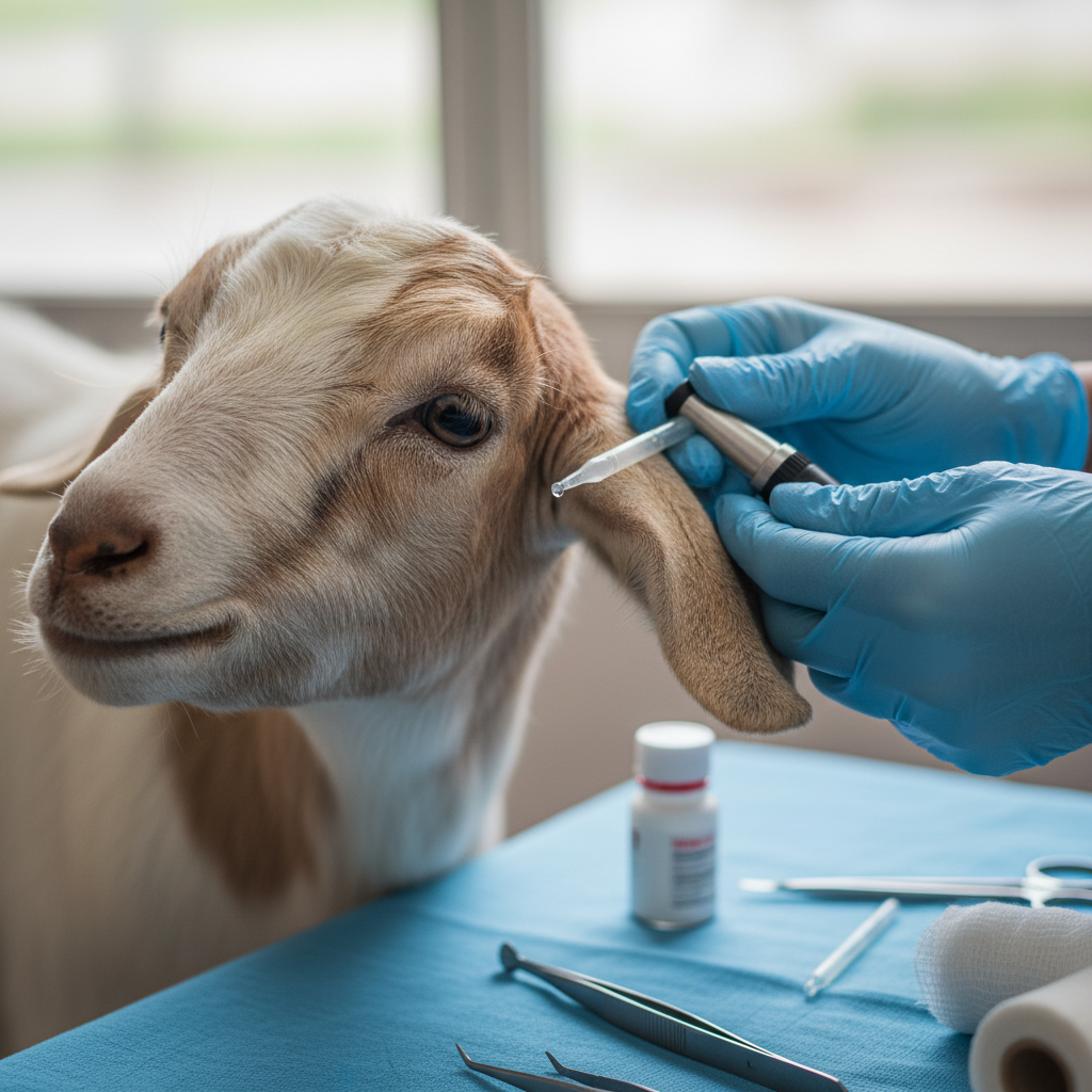 African veterinarian in green uniform examining a goat on a rural farm