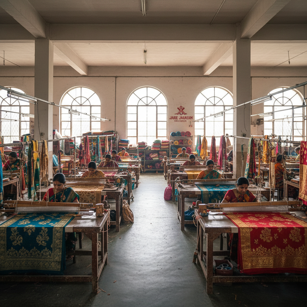 Shree Jalaram Designer saree manufacturing facility in Surat with artisans working on premium Darbari and printed sarees at Abhinandan Market
