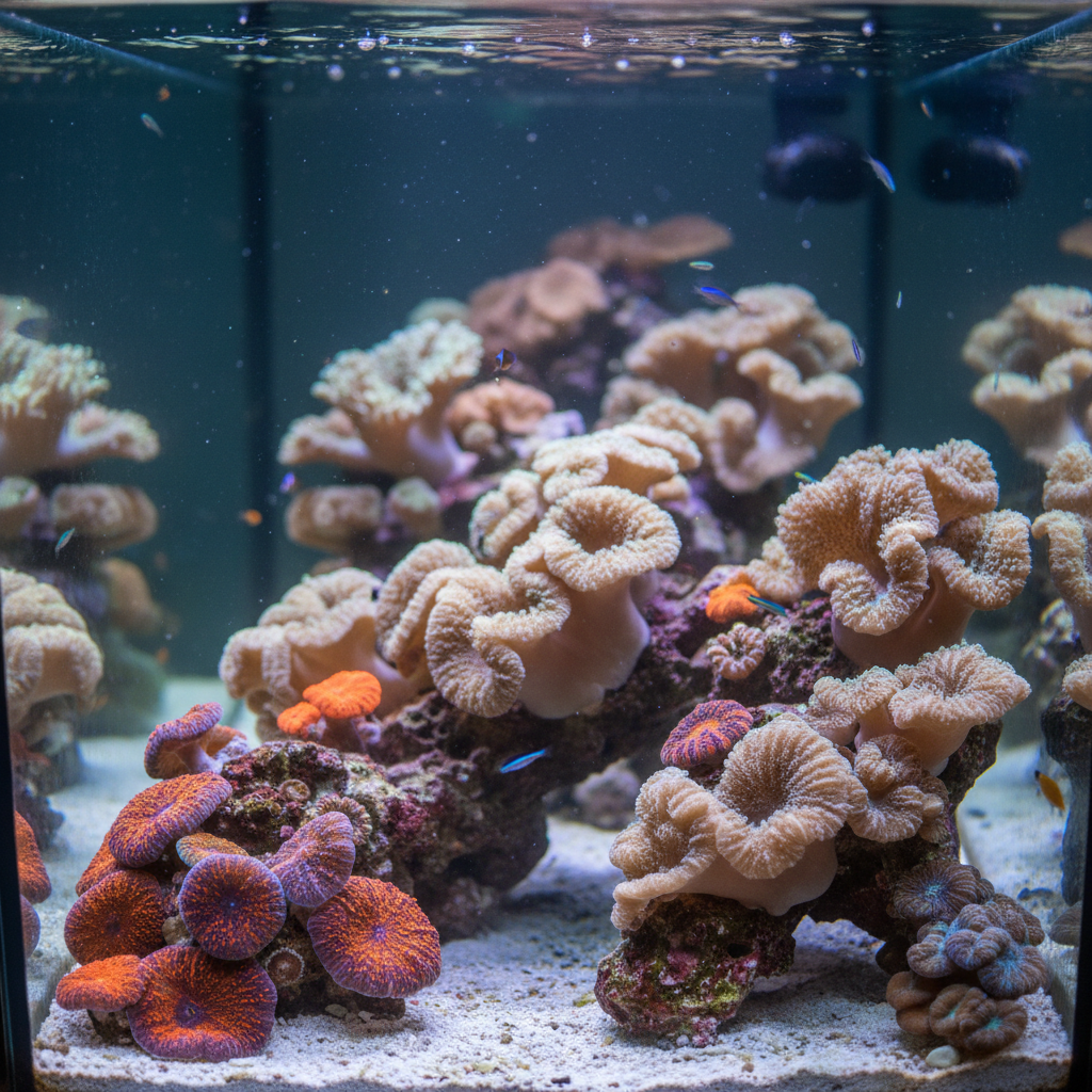 Soft coral reef tank with swaying leather corals and mushroom anemones
