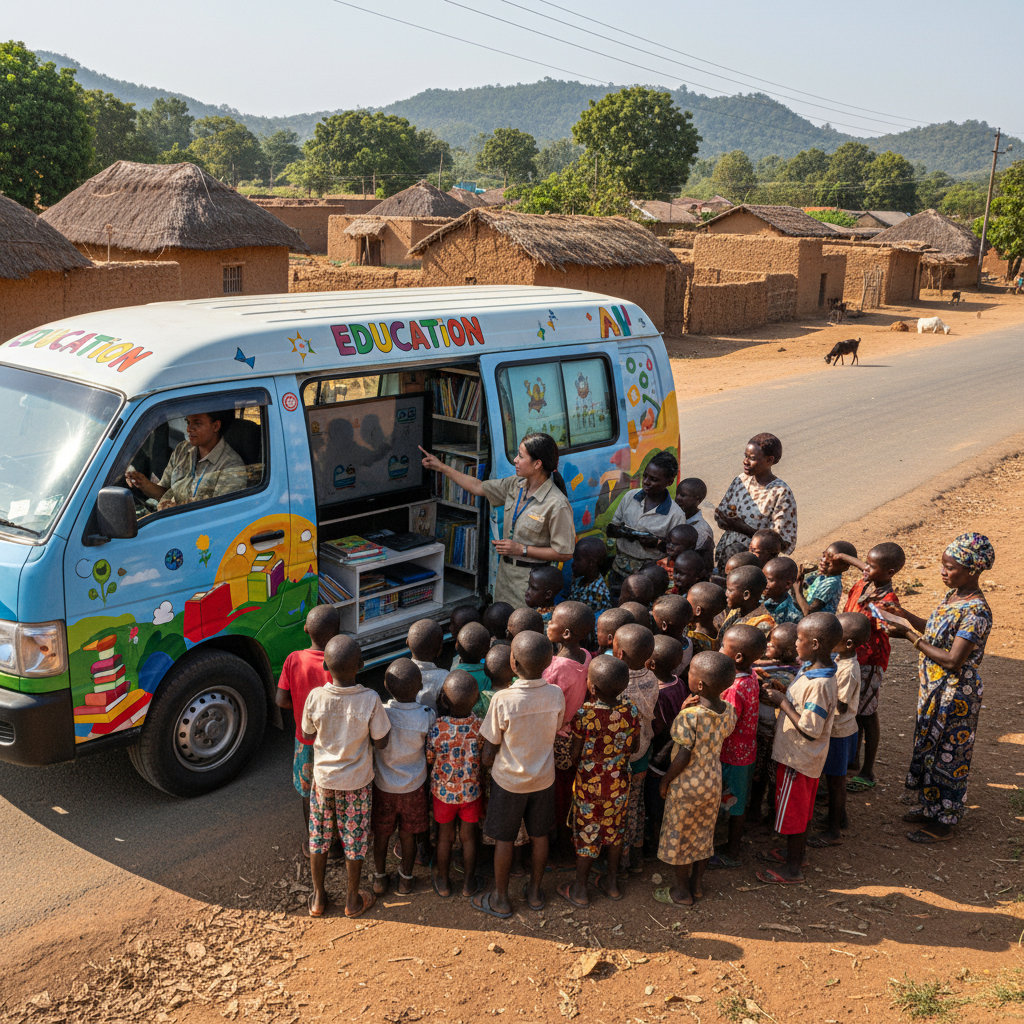 Mobile healthcare van parked in rural Indian village, people gathered outside in daylight