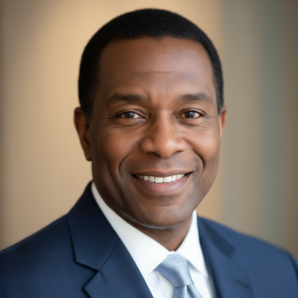 Middle-aged man smiling, casual portrait, warm lighting