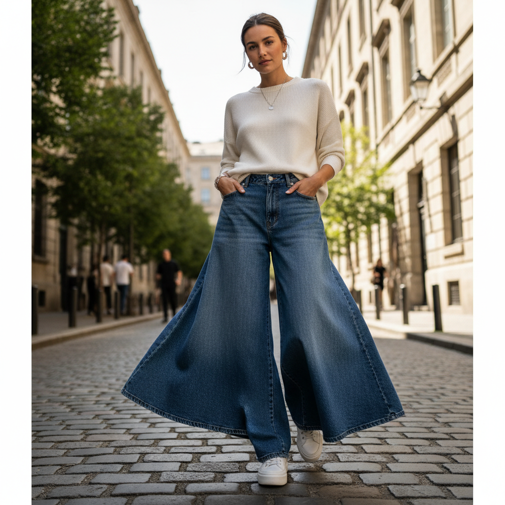 Woman in high waist blue denim jeans, western fashion