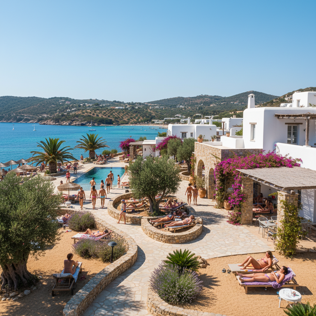 Mediterranean naturist village with azure pool and sun loungers at Soleil Libre