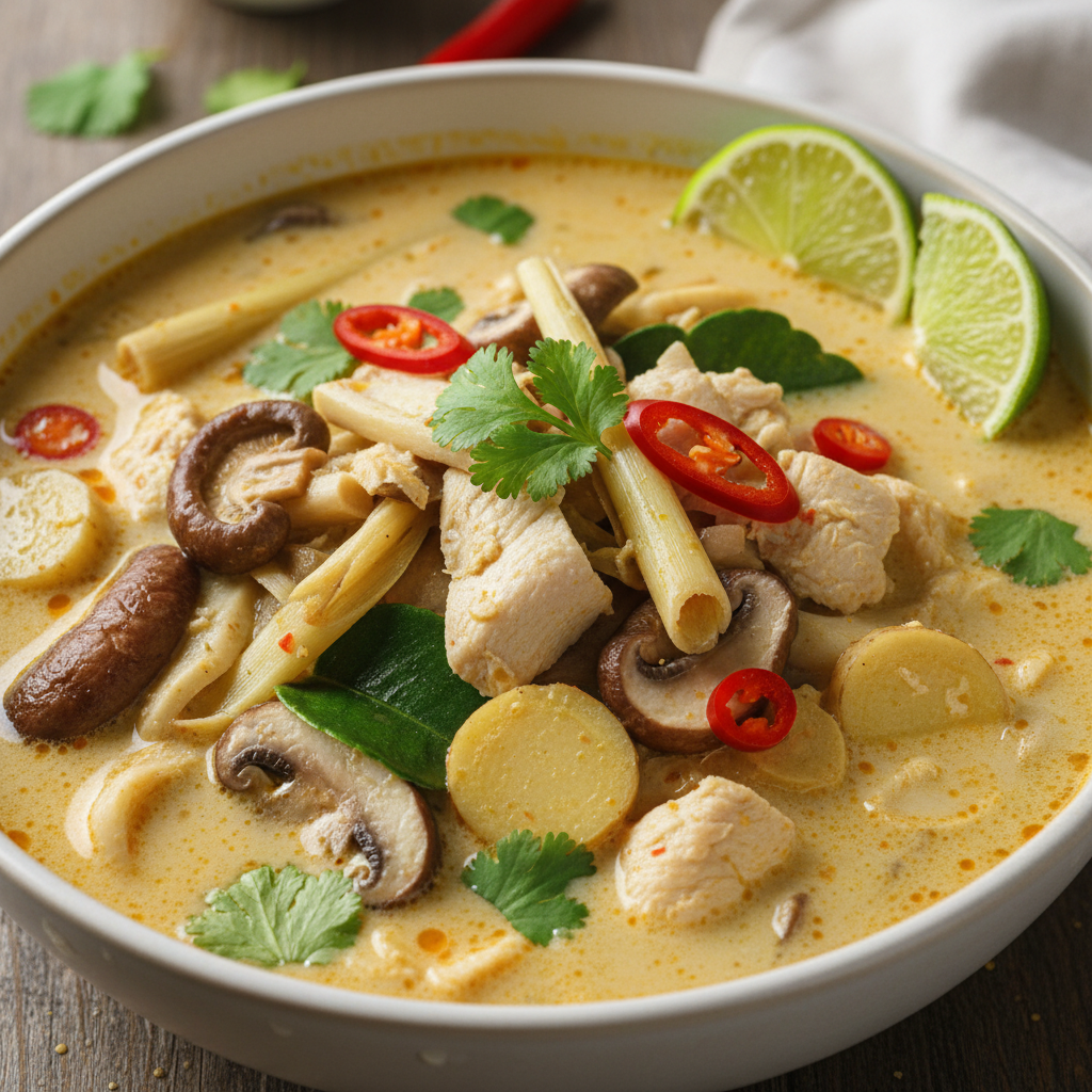 Bowl of Tom Kha Gai coconut galangal soup with chicken, mushrooms floating in a golden broth with fresh lime and chili garnish