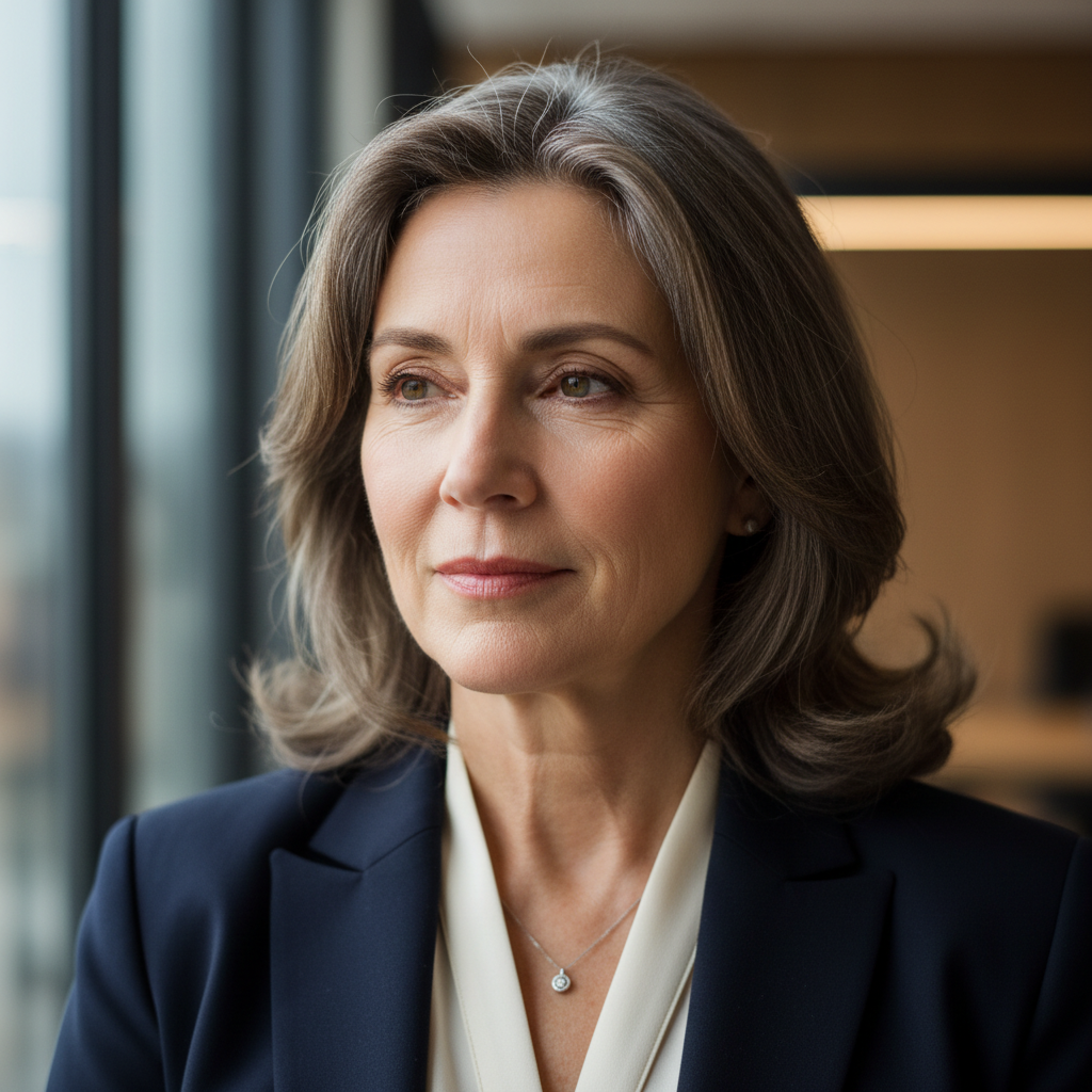 Senior executive woman, soft gaze into middle distance, thoughtful