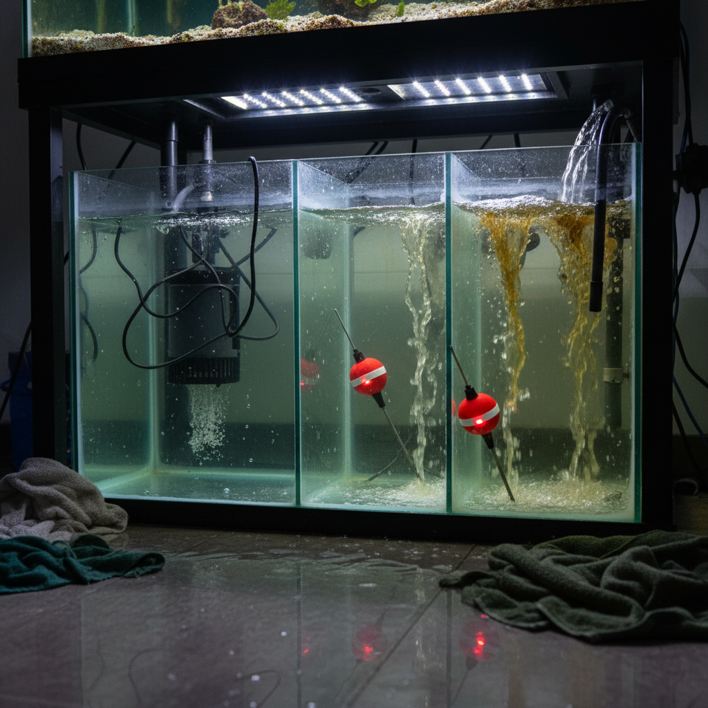 Aquarium sump with failing return pump and overflow indicators