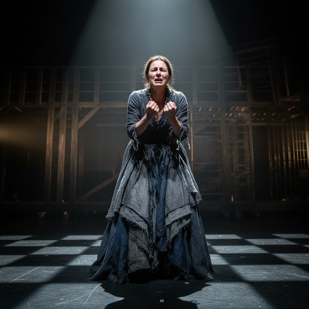 Actor showreel thumbnail — woman performing monologue on stage with dramatic lighting
