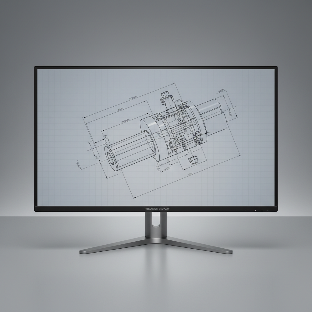Technical 2D CAD blueprint drawings on screen, dark background, precise line work, engineering grid