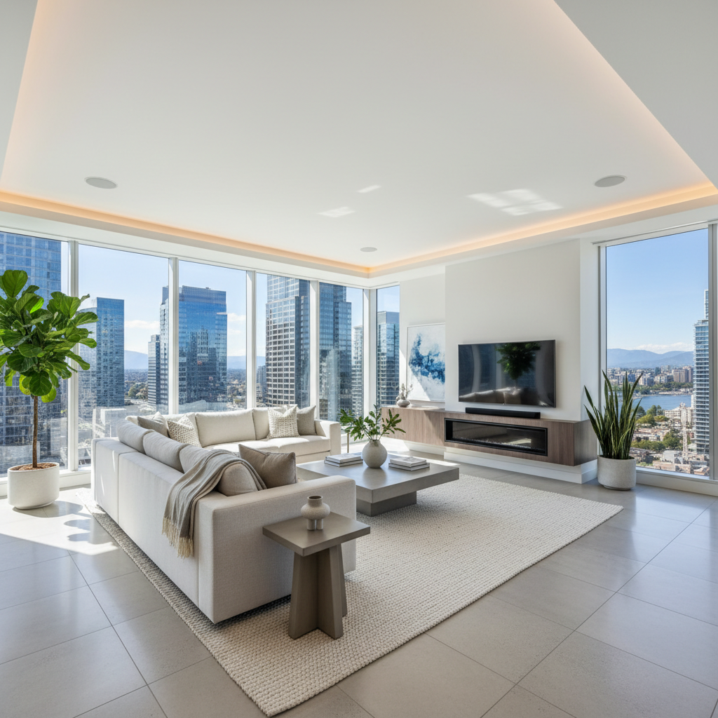 Modern living room with large windows overlooking city skyline, white sofa and wooden floor