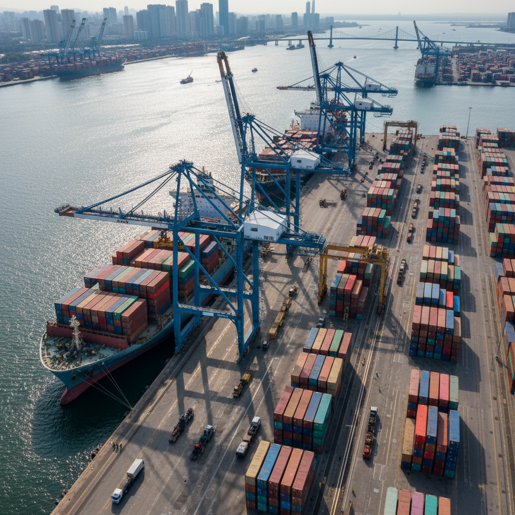 Aerial view of busy shipping port with colorful cargo containers in bright daylight, organized logistics infrastructure