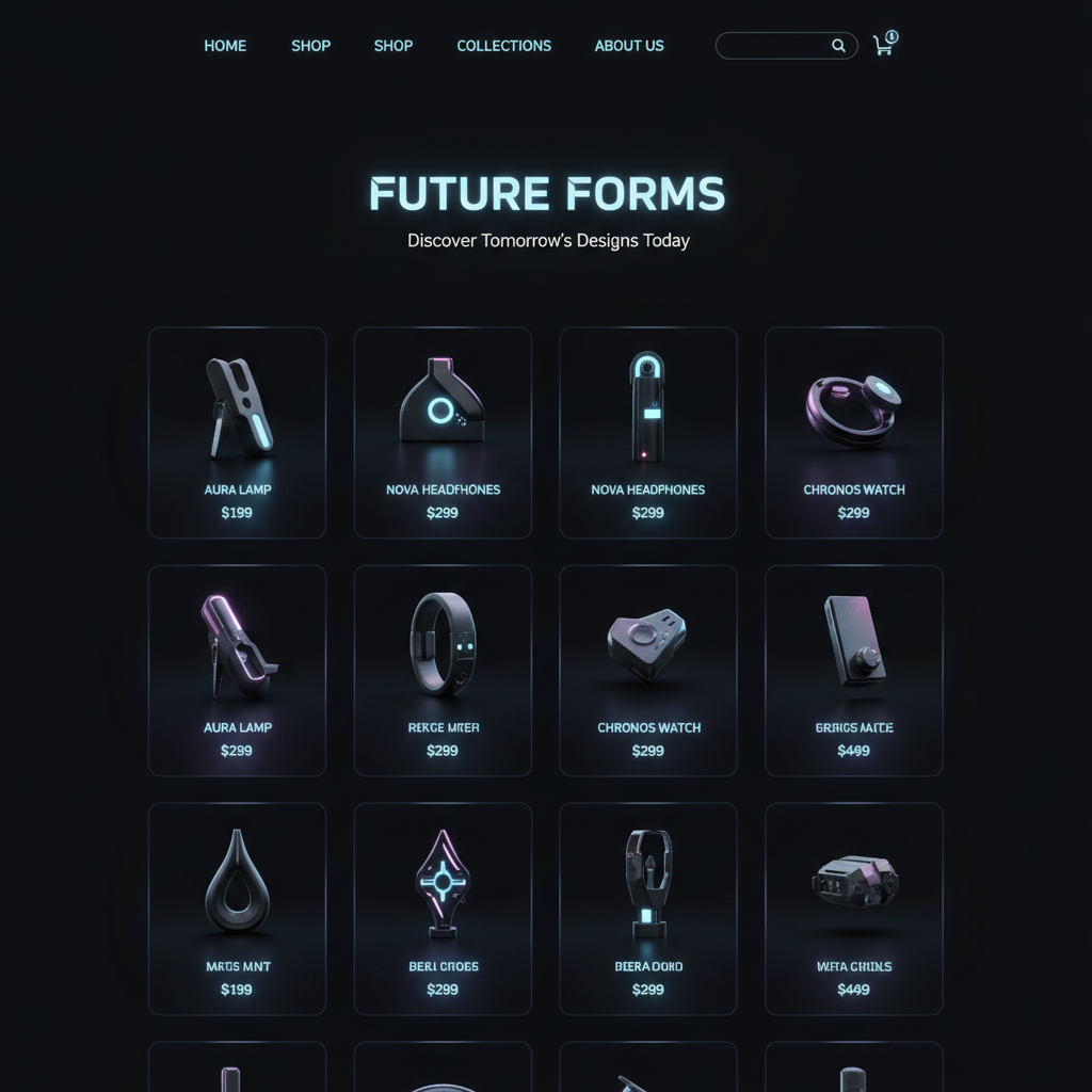Dark minimal e-commerce storefront with product grid on deep charcoal background, low ambient lighting, moody editorial atmosphere