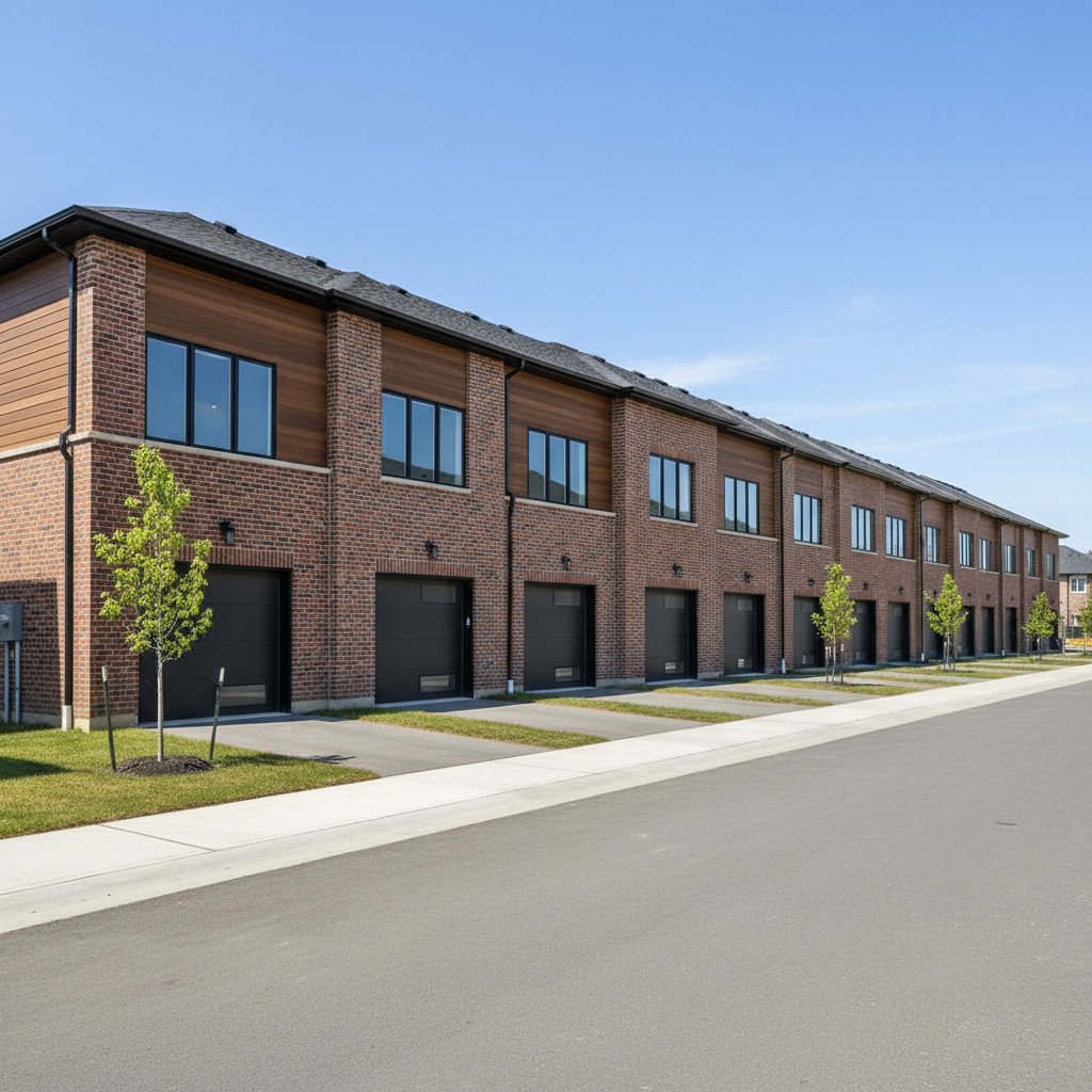 Row of newly constructed townhomes with brick facades and attached garages