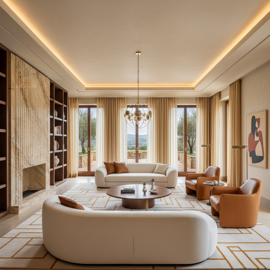 Luxury interior design living room with premium furnishings, warm ambient lighting, and elegant decor