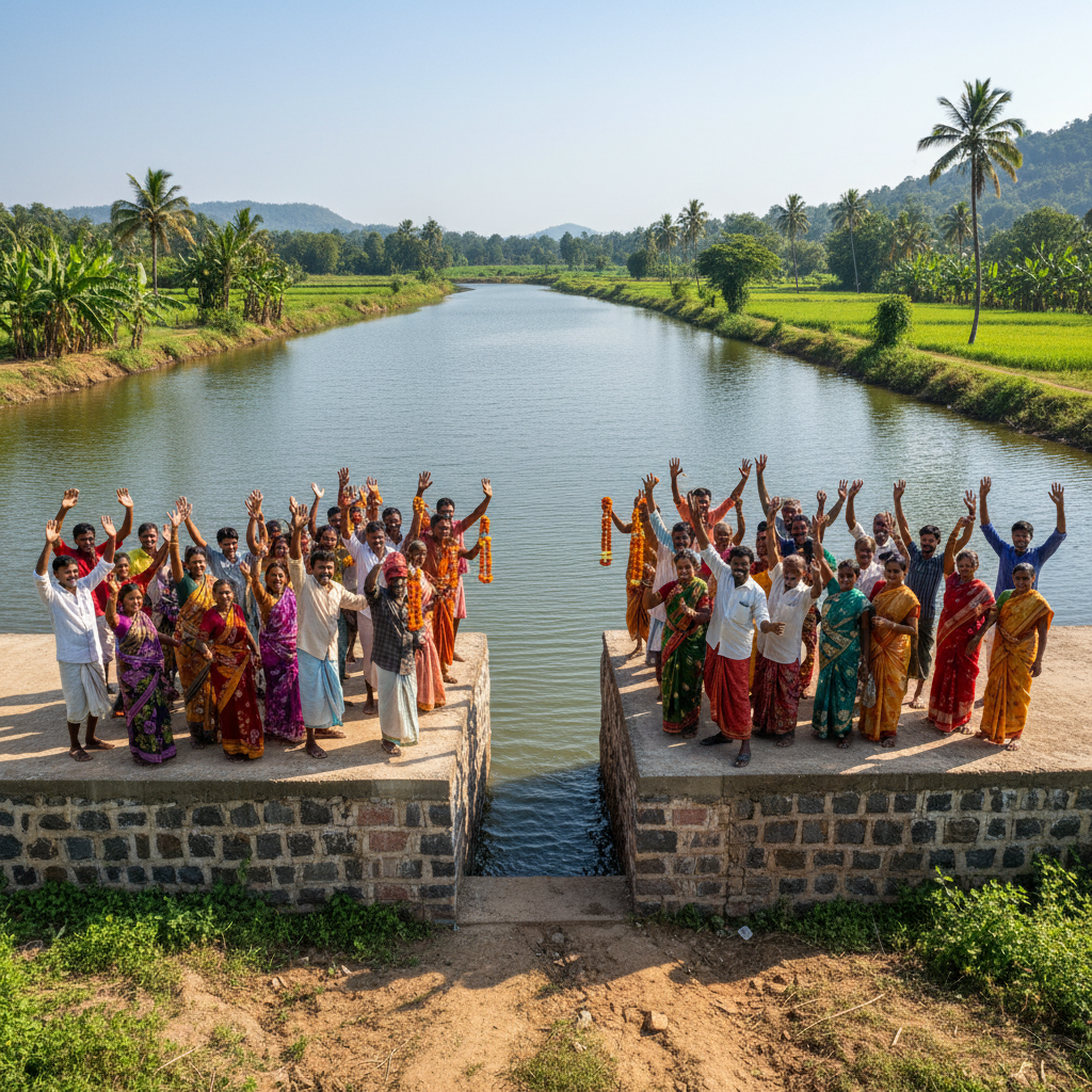 Farmers celebrating near completed check dam in Ramapuram village with full reservoir
