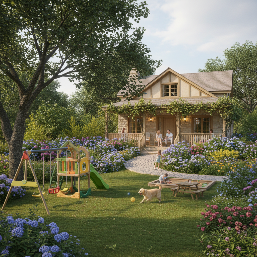 Charming family home with children's play equipment in the backyard