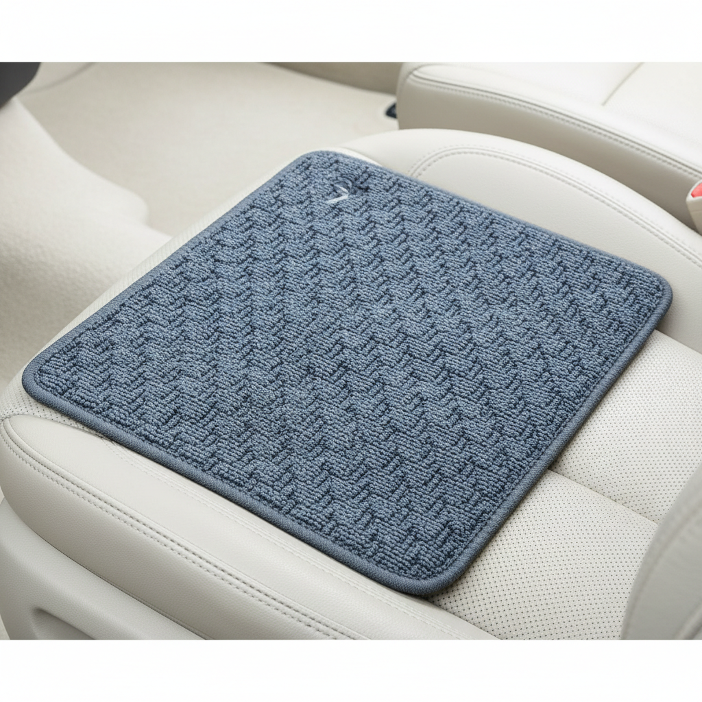 Freshly cleaned car floor mat after professional interior service, bright and spotless fabric